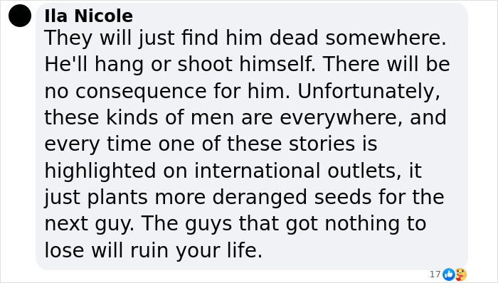 Screenshot of a Facebook comment discussing the fugitive dad and blood not belonging to a human found at the crime scene.