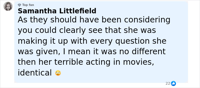 Comment from Samantha Littlefield expressing opinions on acting, related to Johnny Depp trial juror revealing courtroom secrets.