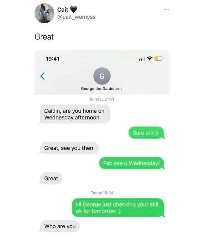 Text message conversation showing a confusing exchange that made people go hmmm and want to share it.