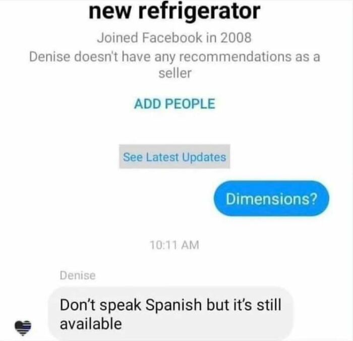 Screenshot of a confusing online conversation about a refrigerator listing that made people go hmm.