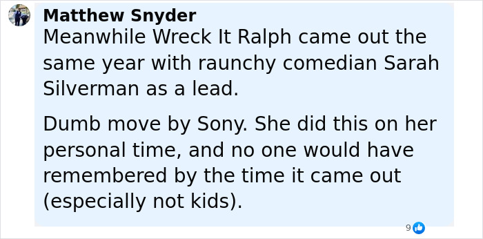 Comment discussing Miley Cyrus fired from kids movie due to cake shaped like male genitalia controversy.