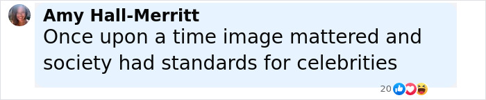 Comment by Amy Hall-Merritt about society's standards for celebrities shown in a social media post.
