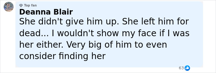 Comment by Deanna Blair expressing admiration for a man abandoned as a baby in a plastic bag who meets his birth family.