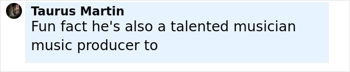 Person typing a message about a talented musician and music producer on a light blue digital chat interface.