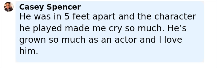 Comment by Casey Spencer praising the emotional impact and growth of a beloved character from Hannah Montana two decades later.