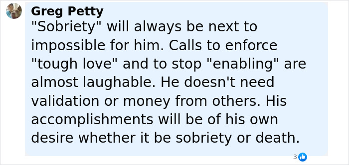 Screenshot of a social media comment discussing struggles related to sobriety amid a near-fatal overdose situation.