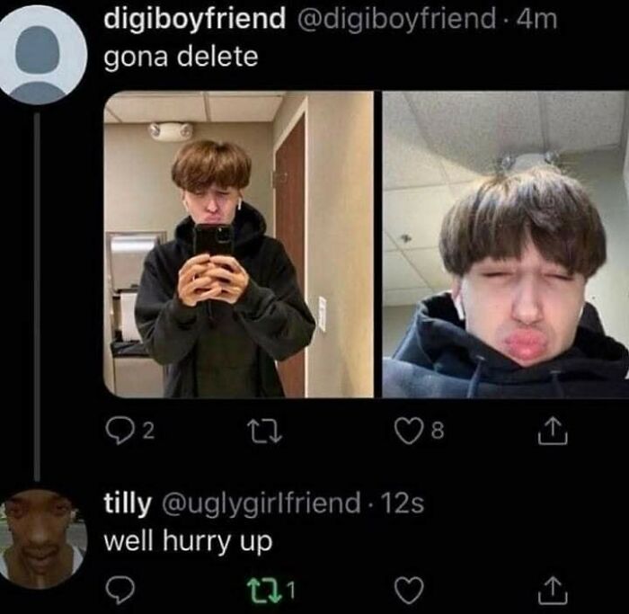 Social media exchange with selfies and comments that made people go hmmm, capturing funny and curious moments.