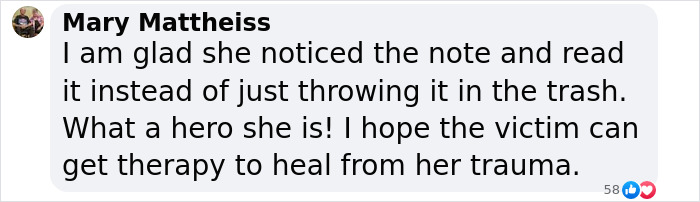 Facebook comment from Mary Mattheiss praising the brave captive woman&rsquo;s cry for help leading to her rescue.