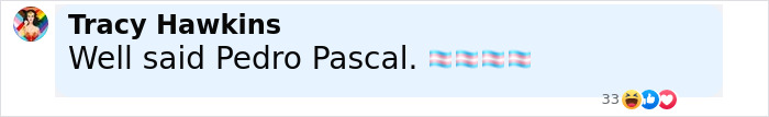 Comment by Tracy Hawkins praising Pedro Pascal, shown on a social media platform with reaction emojis.