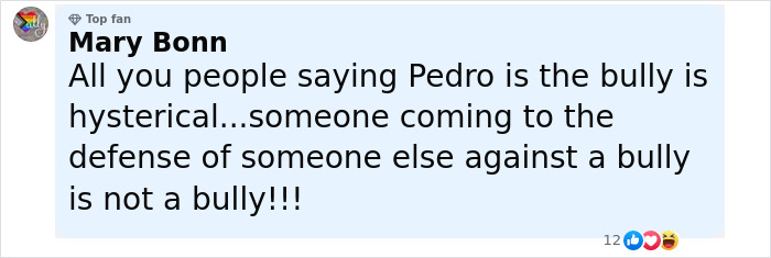 Comment defending Pedro Pascal against bullying claims in an online discussion, with engagement reactions.