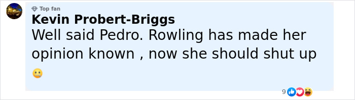 Social media comment defending Pedro Pascal&rsquo;s criticism of JK Rowling&rsquo;s controversial statements.