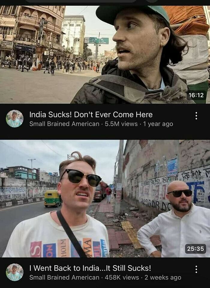 Two men filming vlogs on crowded streets in India, capturing moments that make people go hmmm and share online.