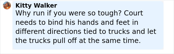 Comment by Kitty Walker in black text on light blue background discussing court actions for alleged attacker.