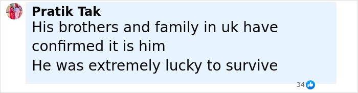 Comment by Pratik Tak discussing survivor's luck and family confirmation related to Air India survivor's guilt.