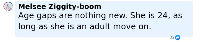 Comment defending 18-year age gap with girlfriend after backlash, referencing adult relationships and acceptance.