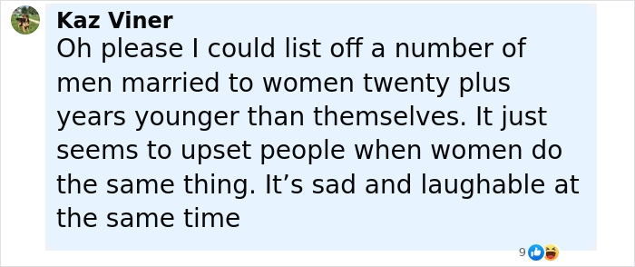 Comment defending 18-year age gap with girlfriend, addressing backlash about gender double standards.