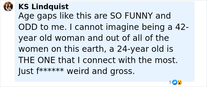 Screenshot of a social media comment reacting to the Pitch Perfect star defending 18-year age gap with girlfriend.