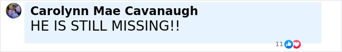 Comment by Carolynn Mae Cavanaugh expressing urgency about a person still missing in a social media post.