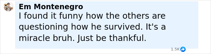 Comment by Em Montenegro expressing disbelief over survivor's fate and urging thankfulness in an online discussion.