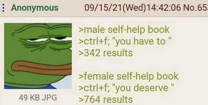 Screenshot showing a comparison of word search results in male vs female self-help books in a surprising post.