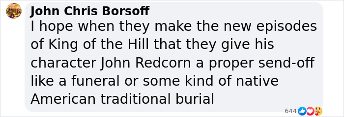 Facebook comment from John Chris Borsoff expressing hope for a traditional burial scene for King of the Hill character John Redcorn.