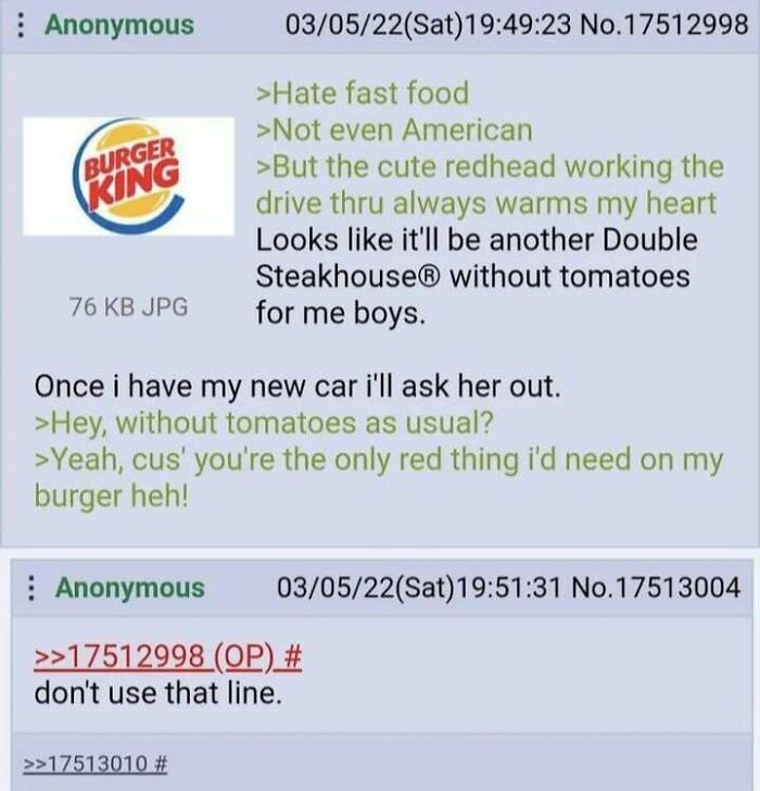 Screenshot of a humorous online post about ordering food at Burger King with a playful pickup line, sparking curiosity.