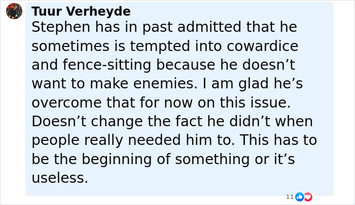 Comment by Tuur Verheyde discussing Stephen Fry&rsquo;s firm stance in a dispute involving J.K. Rowling and related controversies.