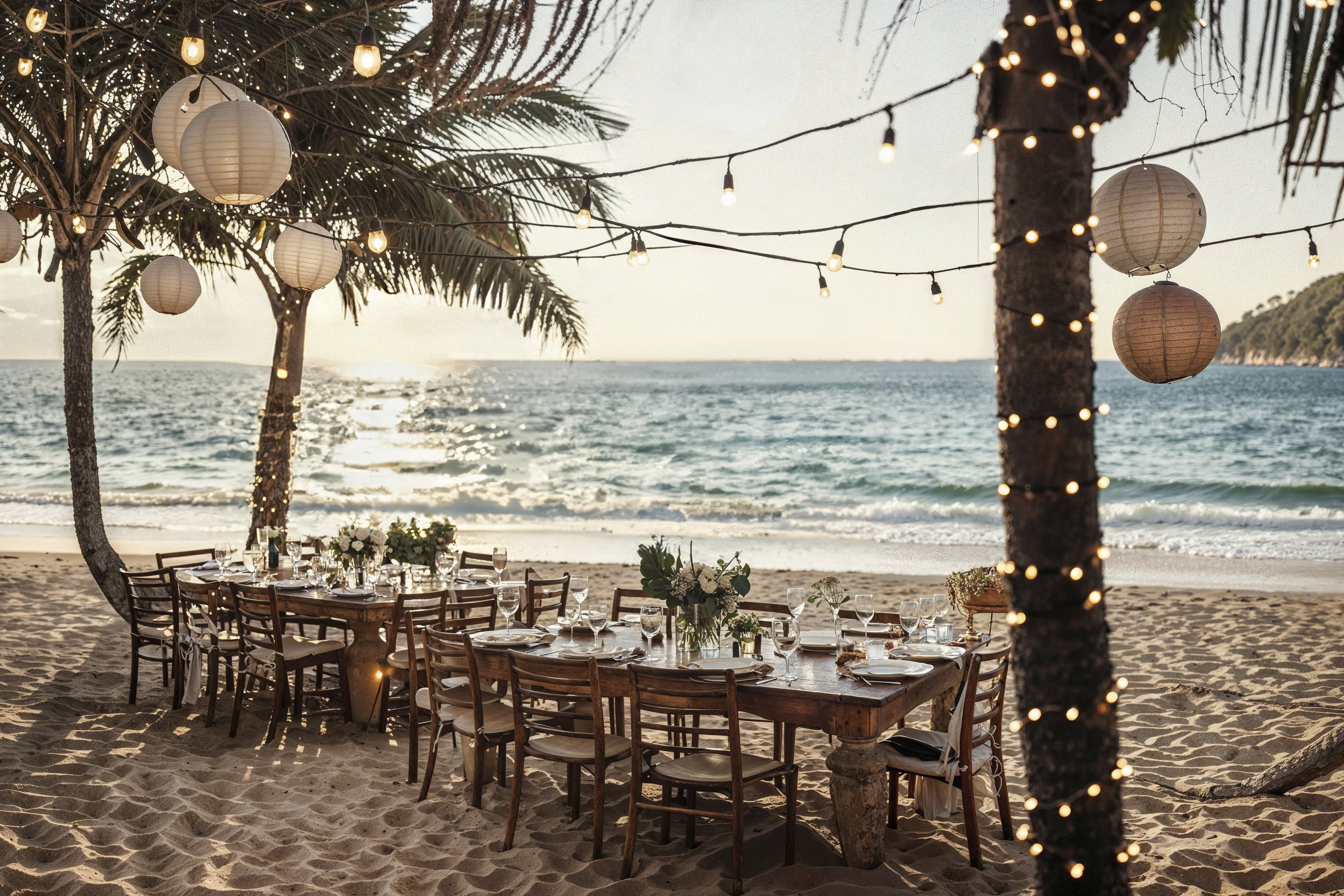Beach wedding reception setup with decorated tables, string lights, and lanterns near the ocean at sunset
