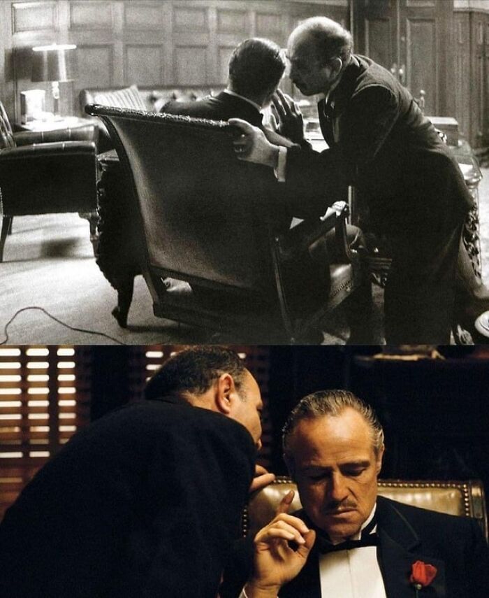Two photos showing alternative angles of men whispering secrets in classic and modern settings with an unseen perspective.