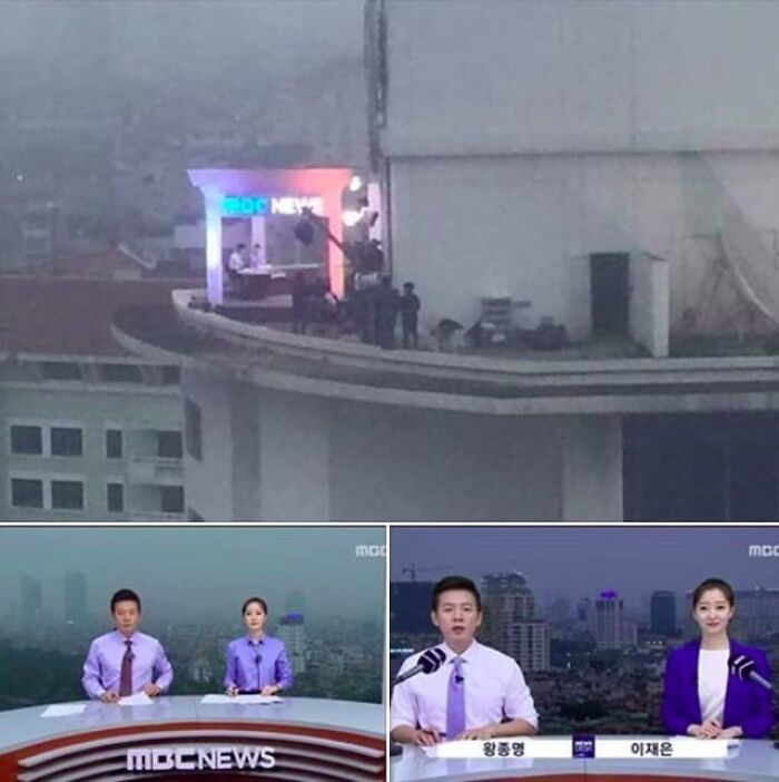 News anchors broadcasting from a studio with photos showing alternative angles of the unseen rooftop setup.