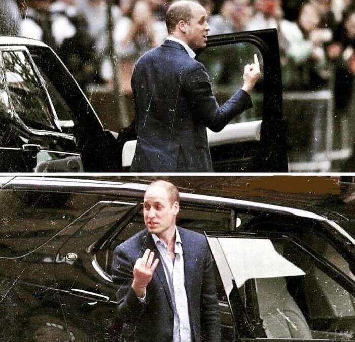 Man in a suit seen from alternative angles outside a black car with a crowd in the background unseen by the camera.