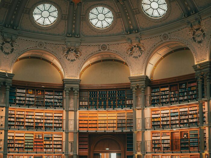 Grandiose library interior with tall bookshelves, elegant arches, and decorative round skylights in a cosy reading space.