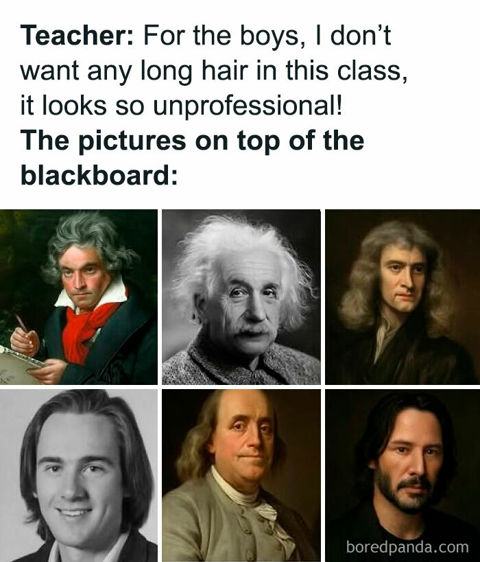 Meme showing famous scientists with long hair, highlighting physics is fun with witty humor in classroom blackboard images.