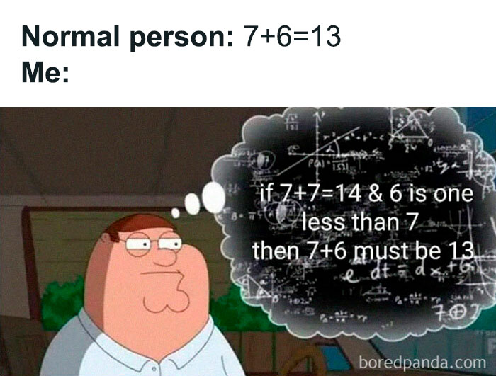Cartoon character thinking complex math equations to explain why 7 plus 6 equals 13, illustrating physics is fun meme.