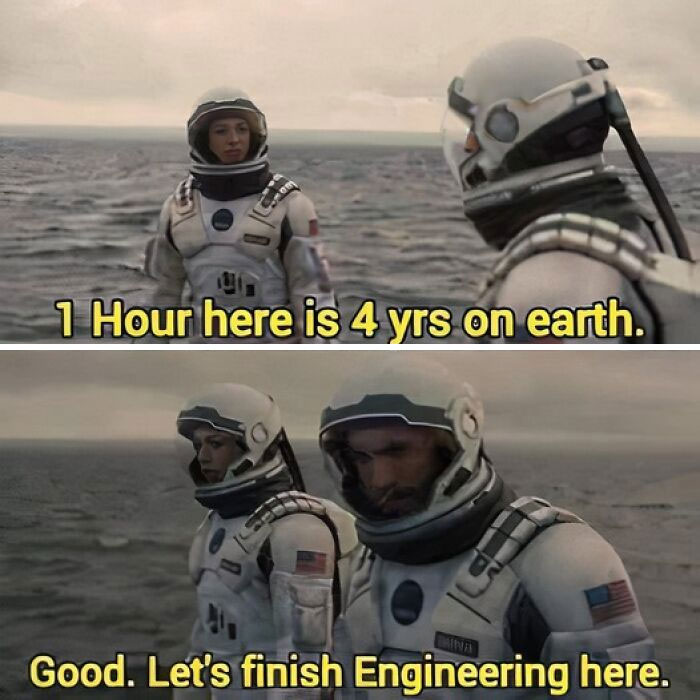 Two astronauts in suits by the ocean discussing time dilation, a physics concept in a fun and witty meme format.