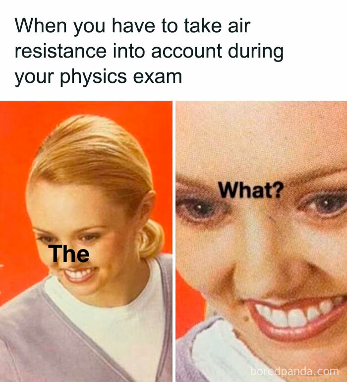 Student confused by air resistance concept during physics exam, shown with surprised and puzzled facial expressions in meme.