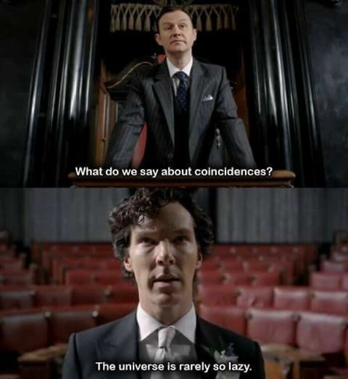 Two men in suits in a formal setting with captions about coincidences and the universe physics is fun meme.