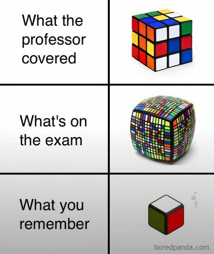 Comparison meme showing a classic Rubik's Cube as what the professor covered, a complex multi-layered cube as the exam, and a simple cube as what you remember, illustrating physics is fun challenge.