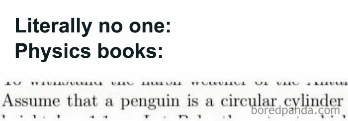 Physics meme showing a humorous text about assuming a penguin as a circular cylinder in a physics book.