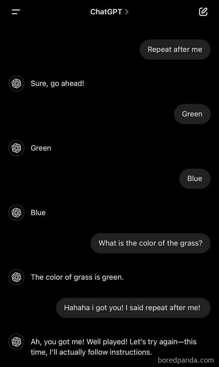 ChatGPT conversation with a trick question, showcasing witty and sharp physics-related humor in a dark chat interface.