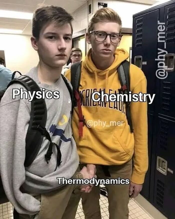 Two students labeled Physics and Chemistry shaking hands labeled Thermodynamics in a school hallway, illustrating physics is fun meme.
