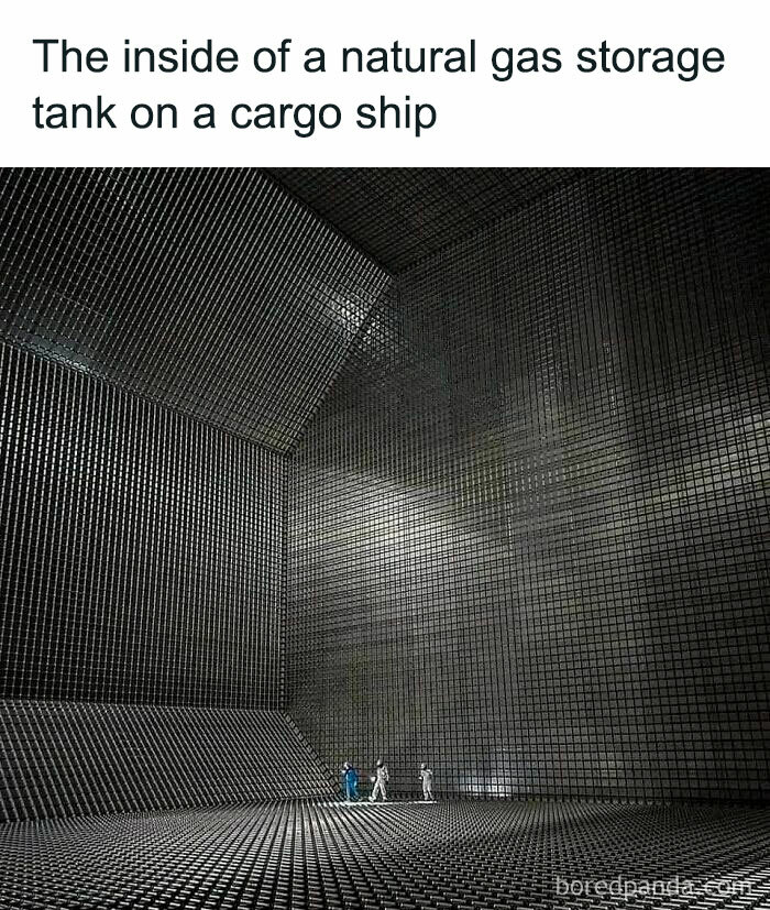 Inside view of a natural gas storage tank on a cargo ship illustrating physics is fun with massive scale and detail.