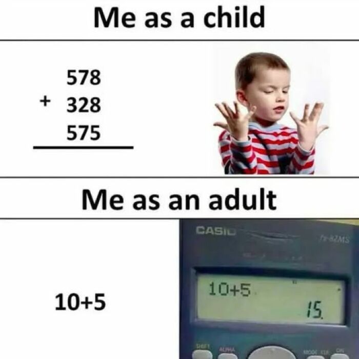 Child struggling with math addition using fingers, adult relying on calculator—fun physics meme to keep your brain sharp and witty.