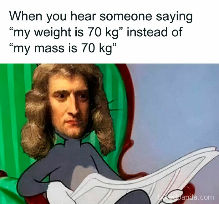 Cartoon character with Isaac Newton's face reading a newspaper, illustrating physics humor about mass versus weight.
