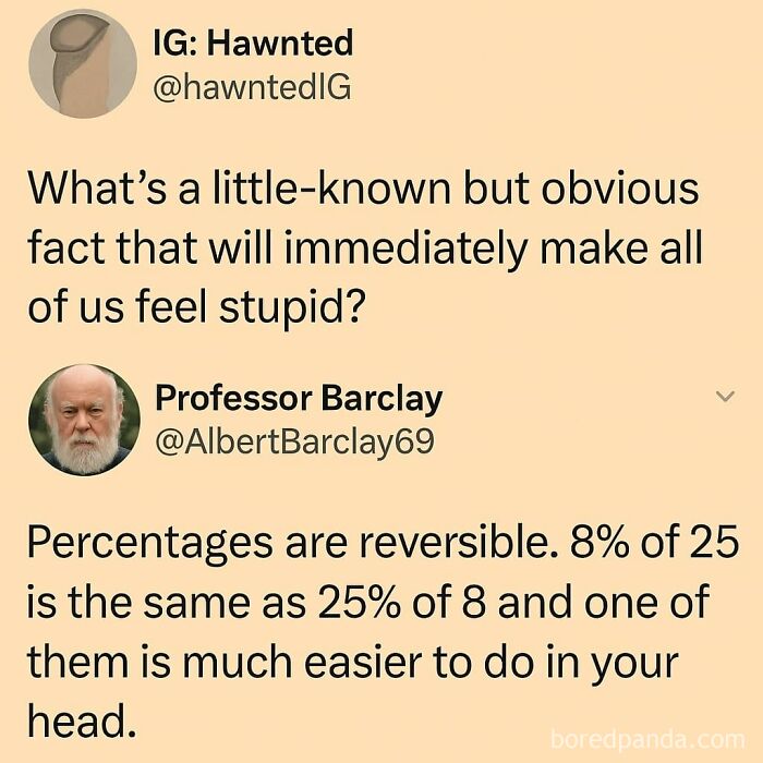 Social media post explaining that percentages are reversible, a fun physics meme to keep your brain sharp and witty.