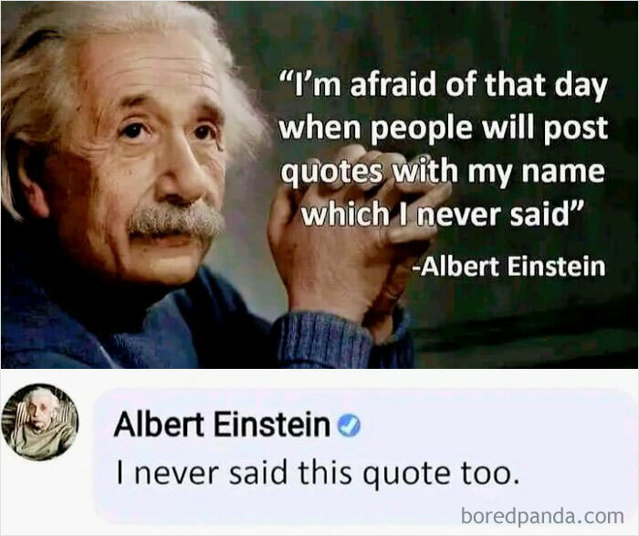 Albert Einstein meme warning about false quotes, paired with a humorous physics meme reply on social media.