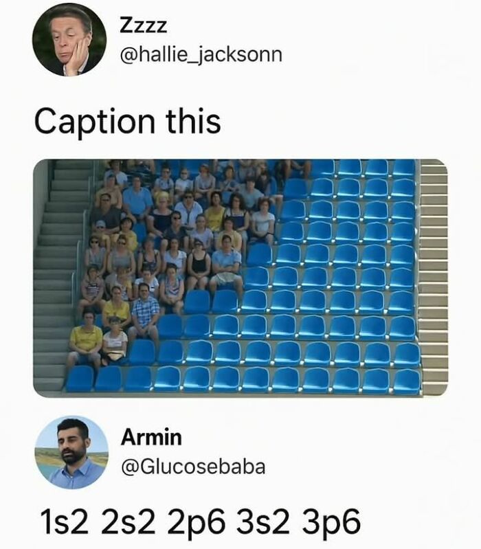 Crowd of people sitting in a stadium with many empty blue seats, shared as a physics meme to keep the brain sharp.