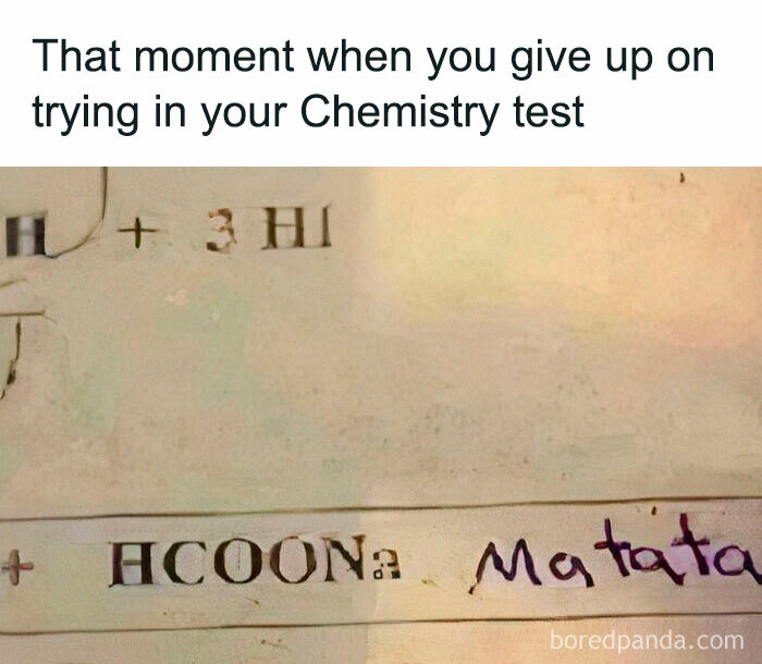 A humorous chemistry test answer showing creative writing, related to physics is fun memes to keep your brain sharp.