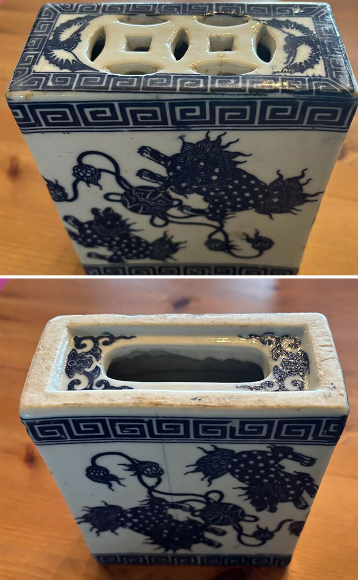 Blue and white ceramic mystery object with ornate designs, featured in online group helping identify unknown items.