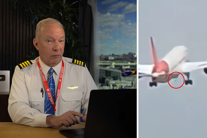 Pilot in uniform explaining new enhanced clip of Air India plane before crash, highlighting possible cause of accident.